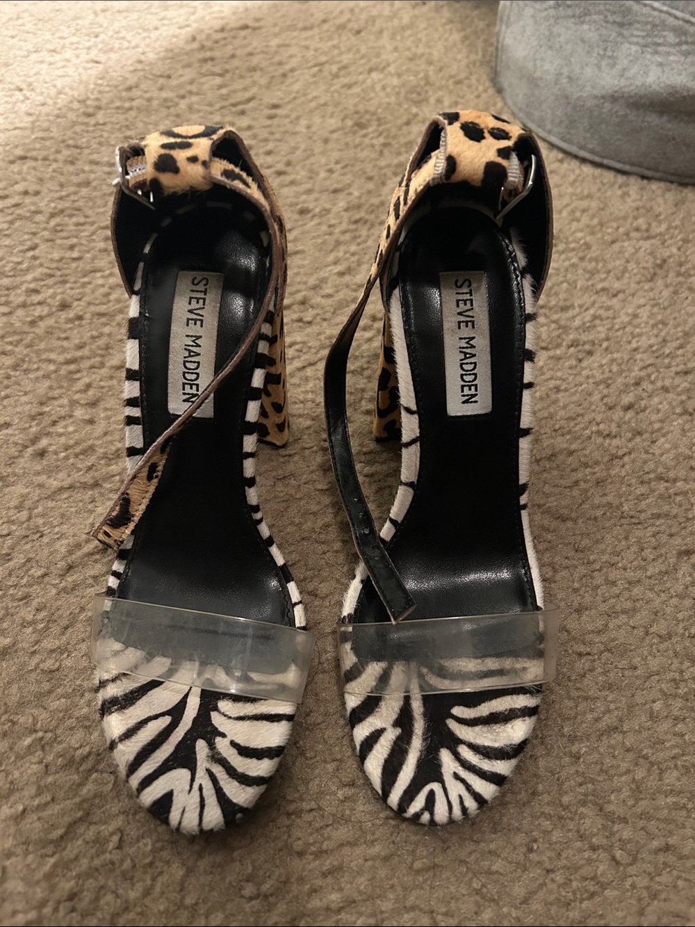 Steve Madden Zebra & Leopard Print Clear Strap Heels - Black/Tan